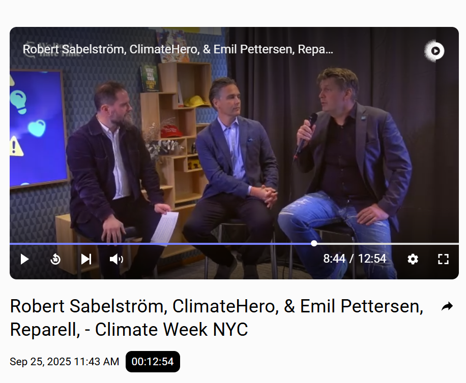 Screenshot from the We Don’t Have Time Climate Hub panel at Climate Week NYC, where Emil Pettersen discusses industrial circularity with ClimateHero’s Robert Sabelström.